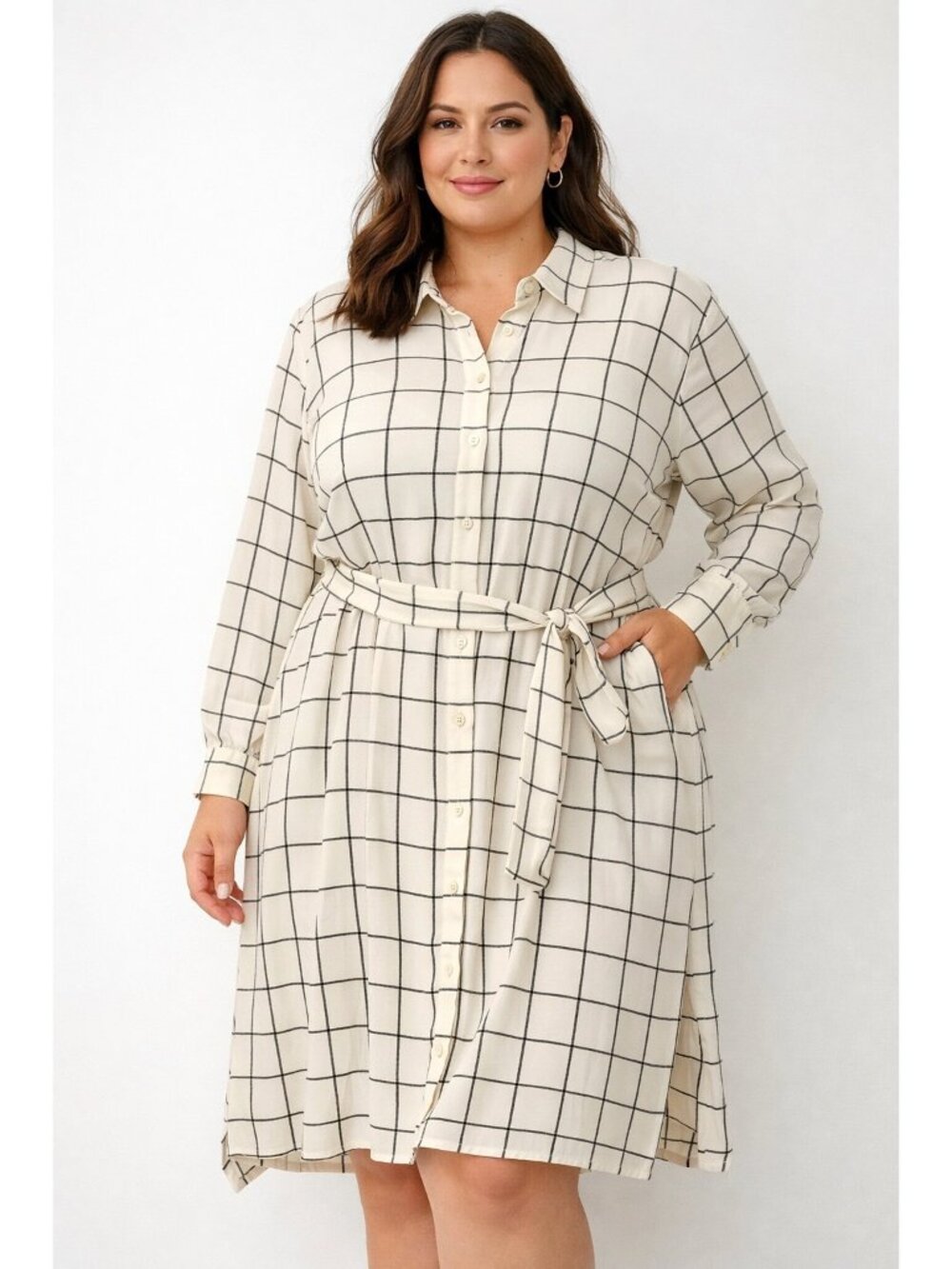 MICHAEL Michael Kors Shirt Dress XXL Ivory Black Windowpane Plaid Workwear